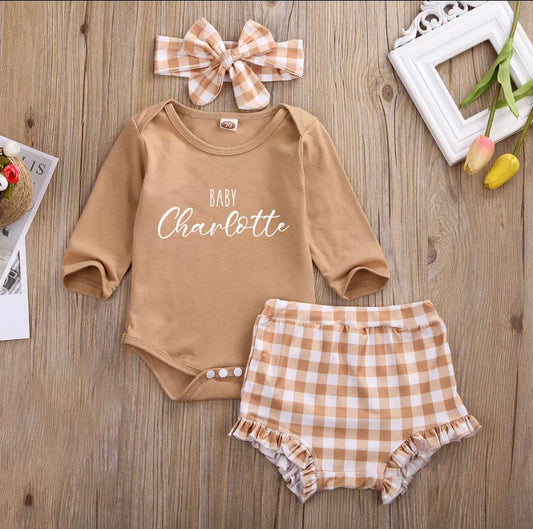 Baby Girl Fall Plaid Beige Clothes Set