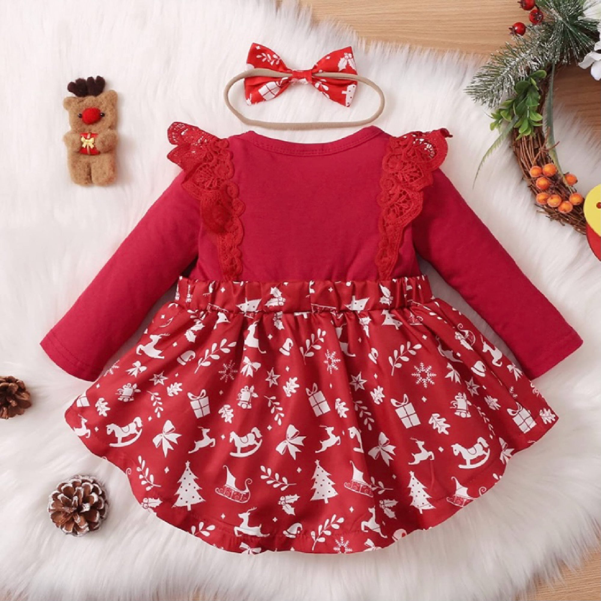 Toddler Baby Girls Christmas Dress Red Velvet Long Sleeve Santa Dress with  Headband Kids Christmas Outfits Set - Walmart.com