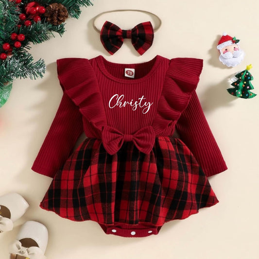 Baby Girl Christmas Outfit Checkered Red Pattern