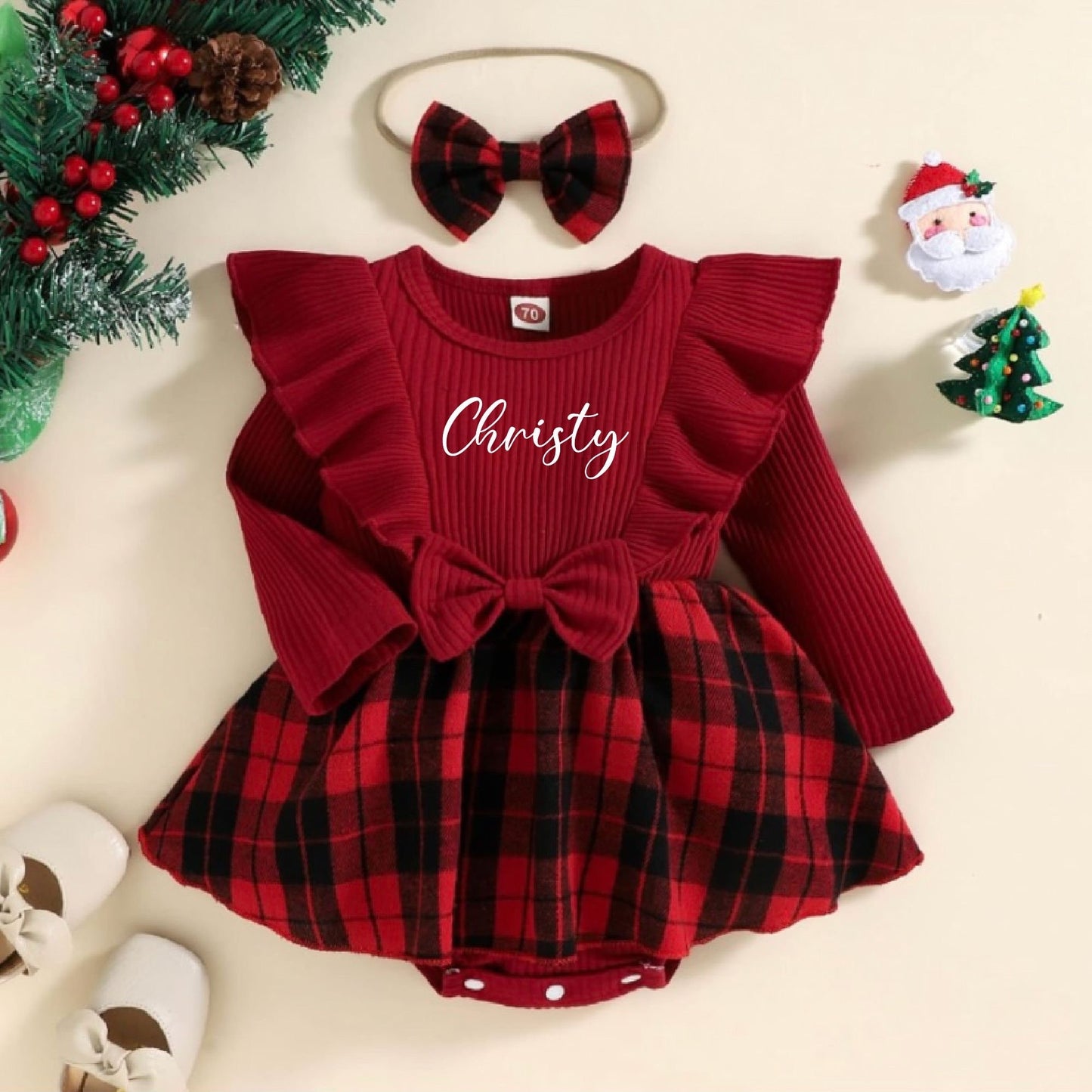 Baby Girl Christmas Outfit Checkered Red Pattern