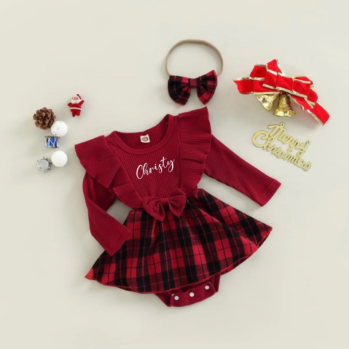 Baby Girl Christmas Outfit Checkered Red Pattern